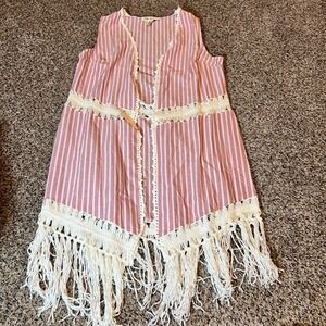 Indigo Thread Co Striped Crochet Fringe Vest‎ Kimono Boho Festival M